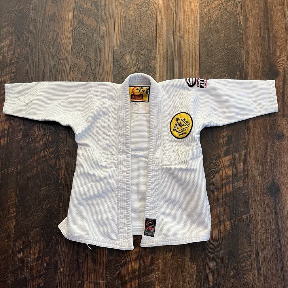 Fuji Kimono Jiu Jitsu Brazilian BJJ Gi Kids Size C00 White Top Gracie Patches